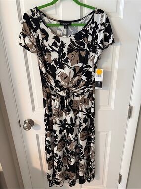 NWT Perceptions New York Floral Tie-Front Midi Dress Black Taupe White Large